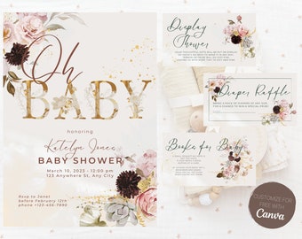 Oh Baby - Shower Invitation Template, Boho Inspired, Golden Floral, Baby Girl, Canva Template, Diaper Raffle, Books for Baby, Display Shower
