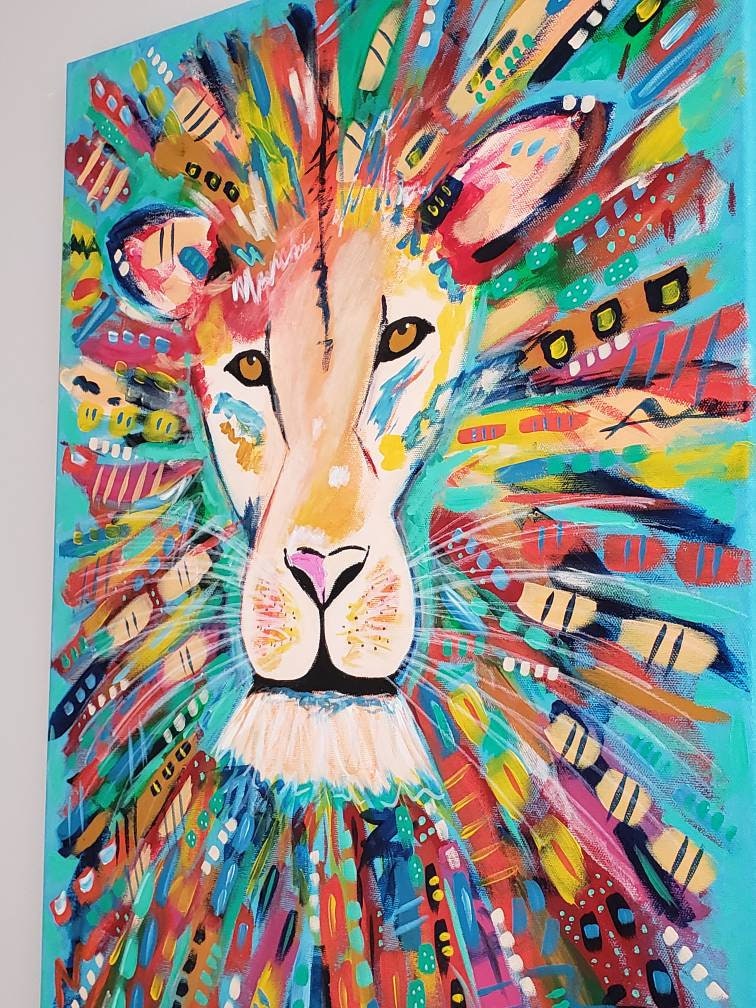 Abstract Lion Painting Original Whimsical Canvas Acrylic Etsy