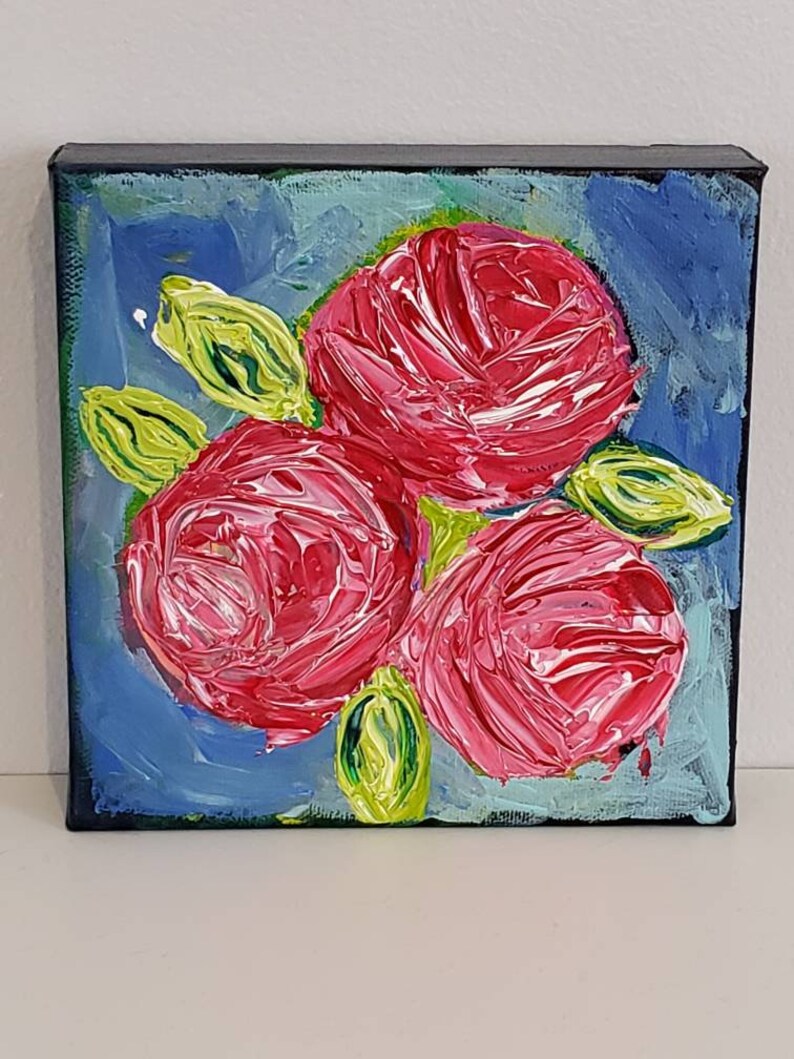 Pink Roses Painting Small Impasto Original Flower Painting 6x6 Abstract ...