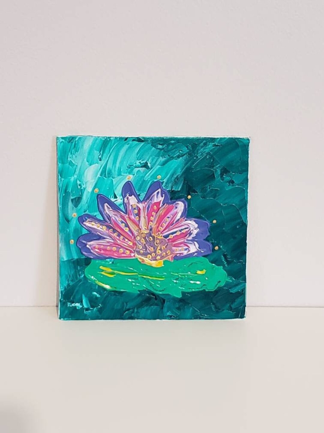 Majestic Lily Pad Painting Original Small Painting 5x5 Mermaid Little