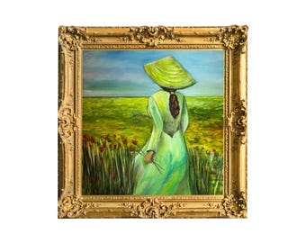 Vietnamese Woman Oil Painting on Canvas: Straw Hat, 16x16"