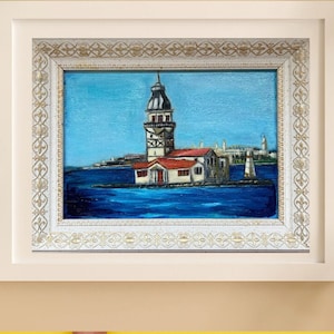 Best Gift, antique vintage framed, original unique handmade oil painting souvenir : Maiden Tower, Turkey lstanbul, 5x7&quot;, ready to go present