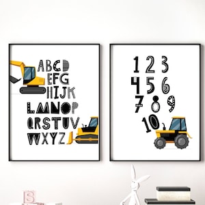 Construction Wall Art, Transportation Alphabet Numbers Poster, Construction Vehicles for Boys Nursery Playroom or Bedroom, Educational Print
