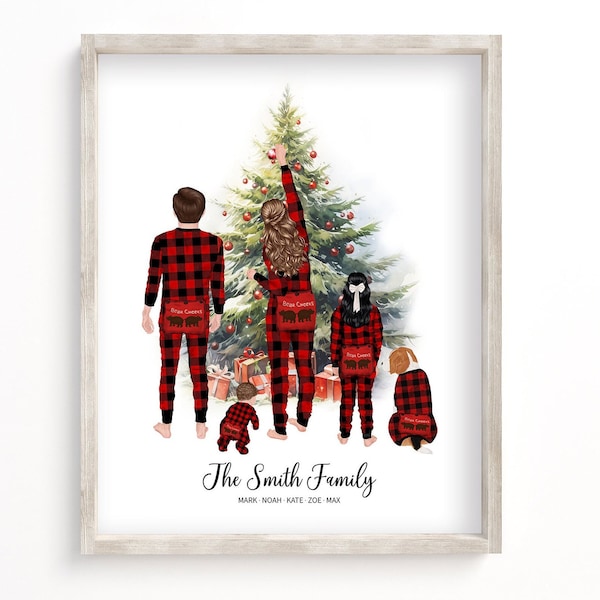Custom Family Portrait with Pets in Christmas Pyjamas - Personalized Wall Art, Christmas Gift for Mom Dad