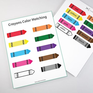 May include: Crayons Color Matching printable activity. Two sheets of paper with crayon outlines. One sheet has the crayons in color, the other has the crayons in black and white. Cut out the colored crayons and match them to the black and white crayons.