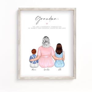 Portrait personnalisé de grand-mère et petits-enfants, cadeau de fête des mères pour grand-mère, cadeaux personnalisés petits-enfants, cadeau d'anniversaire pour grand-mère