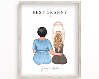 Custom Grandma and Grandkids Portrait, Mother's Day Gift for Nana, Personalized Gifts from Granddaughter, Birthday Gift for Granny
