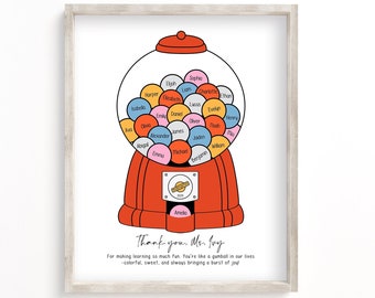 Teacher Appreciation Gift, Personalized Keepsake from Class, Printable Gumball Machine Thank You, End of Year Teacher Gift