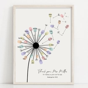 Teacher Appreciation Gift, Personalized Thank You Teacher from Students, End of Year Fingerprint Gift, Custom Flying Dandelion Keepsake