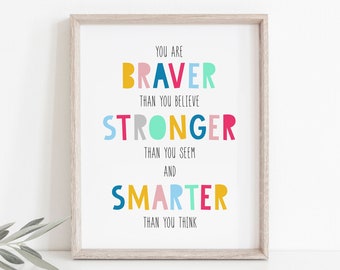 Vous êtes plus courageux que vous ne le croyez, art mural coloré pour salle de jeux ou chambre d'enfant, citation inspirante imprimable