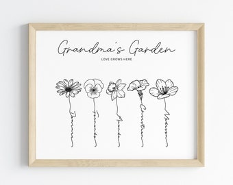 Personalized Family Garden Print, Printable Birth Month Flowers, Grandma's Gift, Mother's Day Decor, Minimalist Floral Art, 1-6 flowers