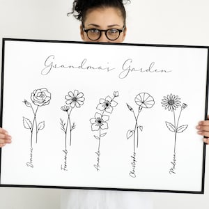 Custom Grandma's Garden, Printable Birth Month Flowers, Personalized Mother's Day Gift, Minimal Floral Family Garden, 1 to 6 Flowers