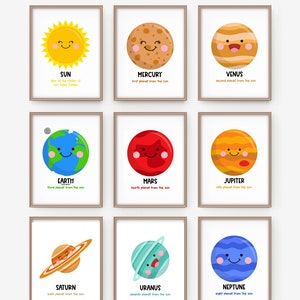 Milky way planets and satellites in a landscape poster for kids room Learning Solar System for toddlers Educational prints Planets