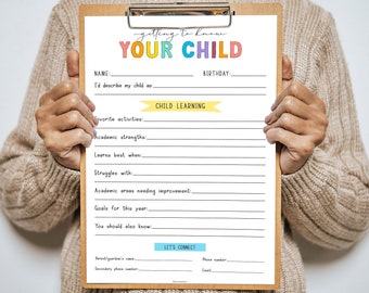 Back to School: Parent Survey, Getting to Know Your Child Printable, Beginning of School Year Questionnaire