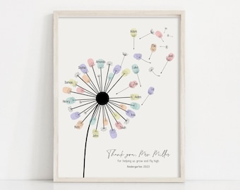 Teacher Appreciation Gift, Personalized Thank You Teacher from Students, End of Year Fingerprint Gift, Custom Flying Dandelion Keepsake