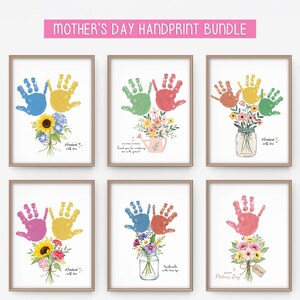 Bloemstuk met drie handafdrukken | Doe-het-zelf cadeau voor kinderen | Afdrukbaar Moederdag of verjaardag | Handgemaakt met liefdeskunst | | Cadeau voor oma