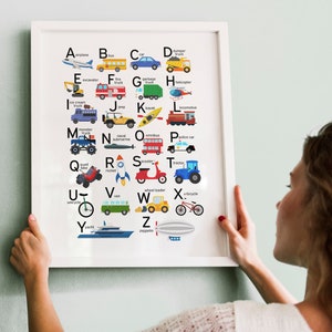 Transportation Alphabet Poster, Vehicle Wall Art, Construction Print for Boys Nursery, Cars Printable, Educational Print