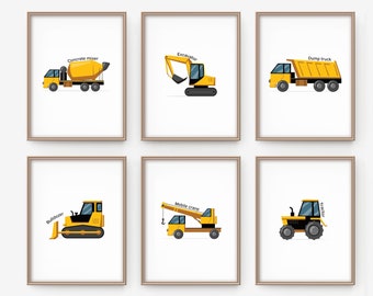 Construction Wall Art, Set of 6 Transportation Printable for Boys, Vehicles for Nursery Decor, Toddler Boy Room Print