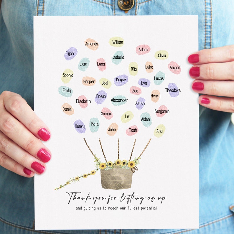 May include: A watercolor illustration of a tree with a basket of sunflowers at the bottom. The tree is decorated with colorful circles containing names, including "Thank you for lifting us up and guiding us to reach our fullest potential."