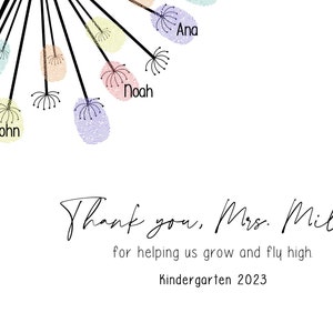 May include: A white print with a dandelion design, featuring colorful fingerprint accents and the names "John", "Noah", and "Ana". The text reads "Thank you, Mrs. Miller" and "Kindergarten 2023".