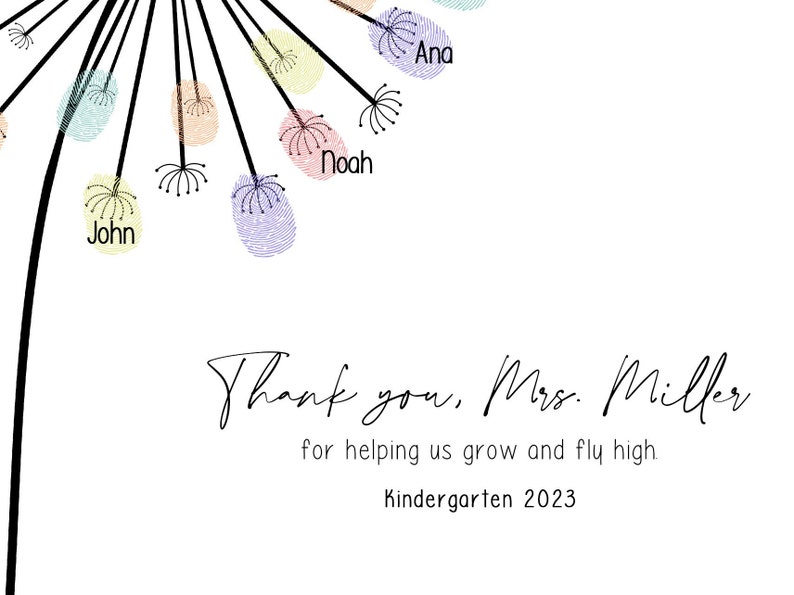 May include: A white print with a dandelion design, featuring colorful fingerprint accents and the names "John", "Noah", and "Ana". The text reads "Thank you, Mrs. Miller" and "Kindergarten 2023".