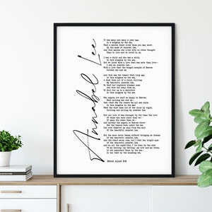 May include: Black and white printable wall art featuring a poem by Edgar Allan Poe titled "Annabel Lee". The poem is printed in a classic font and the title is written in a cursive script.