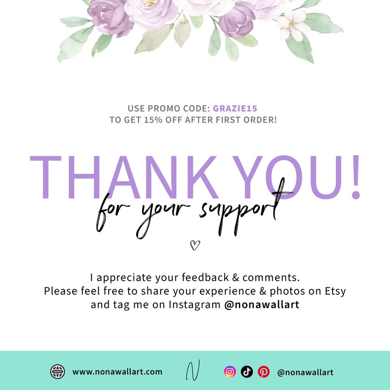 Puede incluir: Fondo blanco con dise&ntilde;o floral en la parte superior y texto "THANK YOU! for your support". El texto tambi&eacute;n incluye una solicitud para compartir experiencias y fotos en Etsy e Instagram.