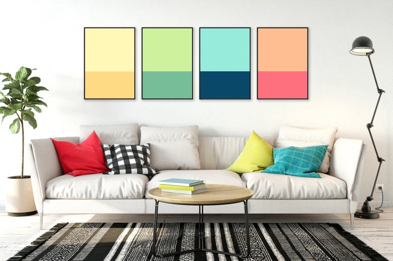 Color Block Wall Art Set of 4 Geometric Multicolored Prints Etsy