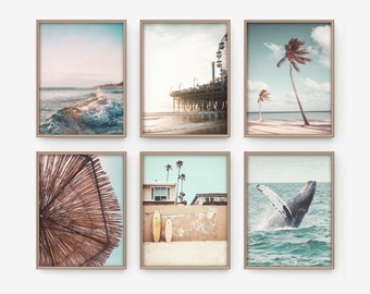 California Surf Art, Beach Wall Art, Set of 6 Beach Themed Nursery Prints, Pastel California Summer Printable, Tropical Decor