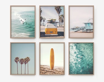 Beach Wall Art, Set of 6 California Surf Art, Summer Coastal Printable, Tropical Decor, Yellow Van Print