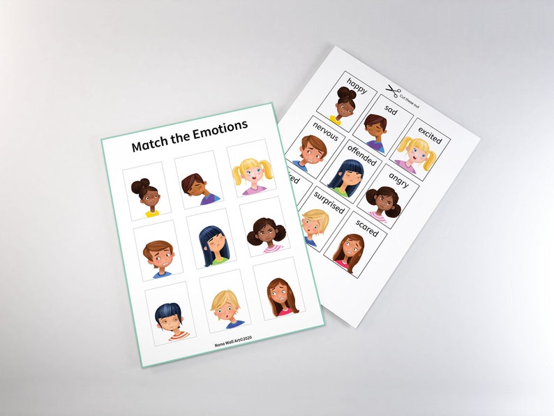 May include: A printable educational game for kids to match different emotions with corresponding facial expressions. The game includes 12 cards with faces and 12 cards with emotion words like "happy", "sad", "nervous", "offended", "angry", "excited", "surprised", and "scared".