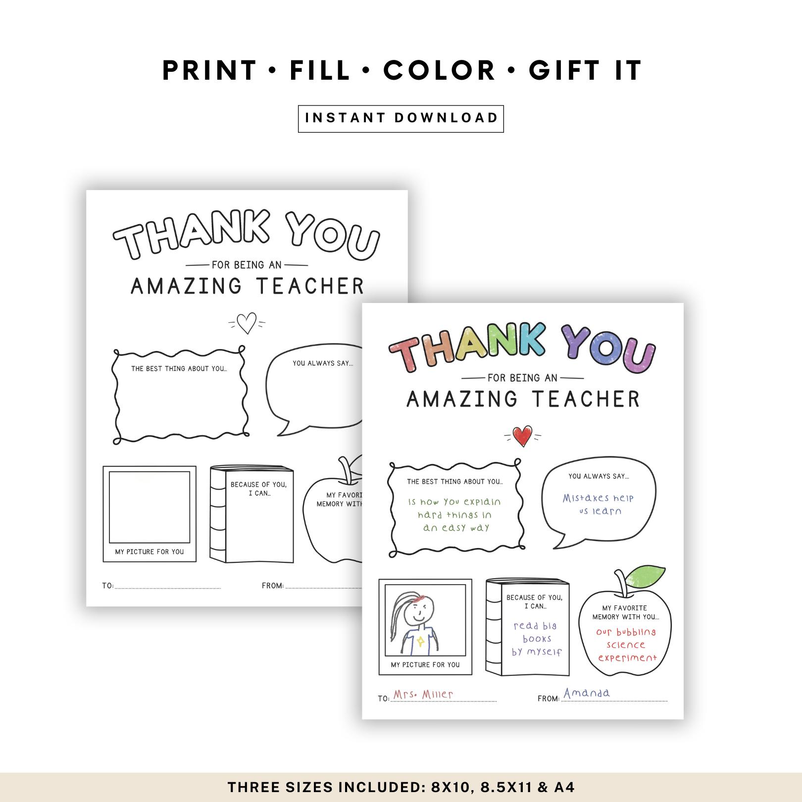 Teacher Appreciation Worksheet | Fillable Keepsake Gift (digital ...