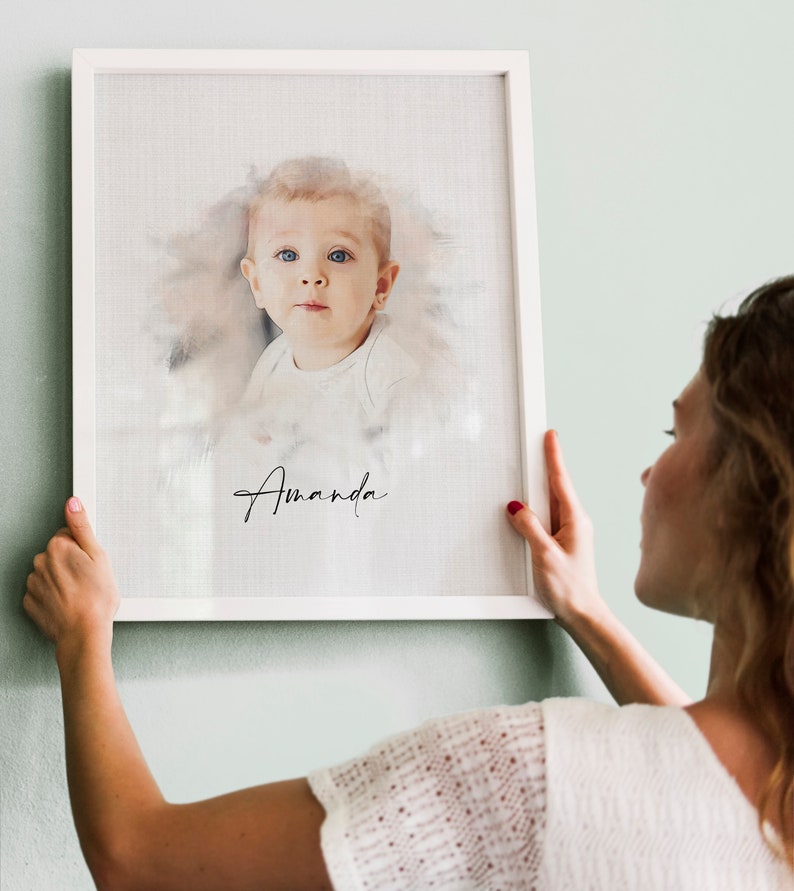 Gepersonaliseerde aquarelportret, babyportret op maat, cadeau voor moeder, gepersonaliseerd schilderij van foto afbeelding 4