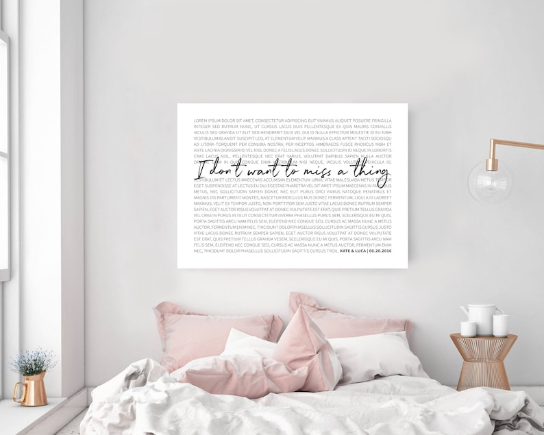May include: A black and white printable wall art print with a quote that reads "I don't want to miss a thing". The quote is in a cursive font and is surrounded by a block of text in a serif font.