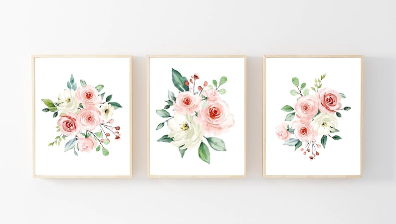 Girls Nursery Wall Art Watercolor Pink Flowers for Baby Girls Set of 3 Blush Pink Floral for a Farmhouse Nursery Decor
