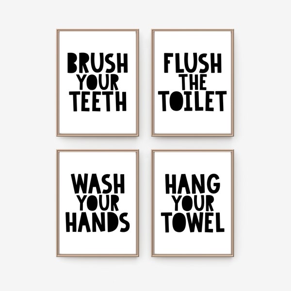 Kids Bathroom Wall Decor, Set of 4 Kids Bathroom Wall Art, Brush Your Teeth Wash Your Hands Flush the Toilet Hang Your Towel