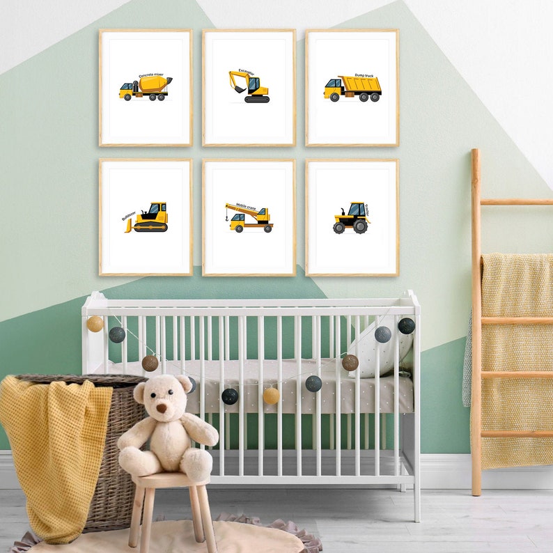 Vehicles for Nursery Decor Construction Wall Art Toddler Boy Room Print Set of 6 Transportation Printable for Boys