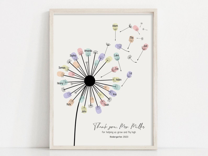 Personalized Teacher Appreciation Dandelion Fingerprint Art (Digital File) image 1