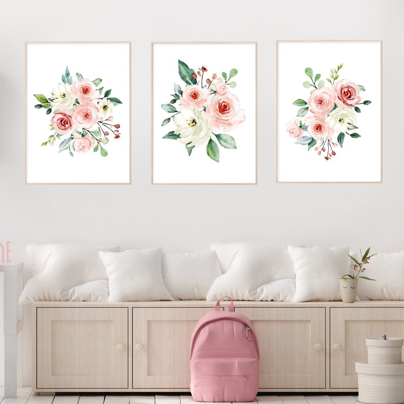 Girls Nursery Wall Art Watercolor Pink Flowers for Baby Girls Set of 3 Blush Pink Floral for a Farmhouse Nursery Decor