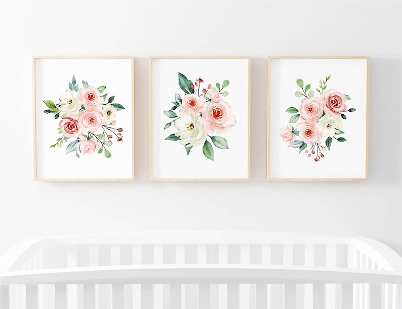 Girls Nursery Wall Art Watercolor Pink Flowers for Baby Girls Set of 3 Blush Pink Floral for a Farmhouse Nursery Decor