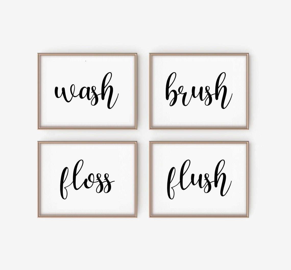 Wash Brush Floss Flush Bathroom Wall Art Set of 4 Minimalist | Etsy