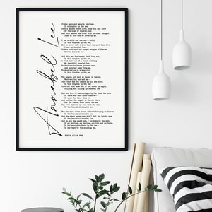 May include: Black and white printable wall art featuring a poem by Edgar Allan Poe titled "Annabel Lee". The poem is printed in a typewriter font and is framed in a black frame.