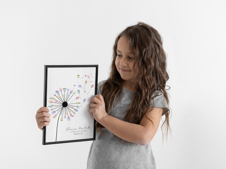 May include: A framed print featuring a dandelion design with colorful accents and names. The text "Thank you Mrs. Miller" is visible. The print is held by a person wearing a gray shirt.