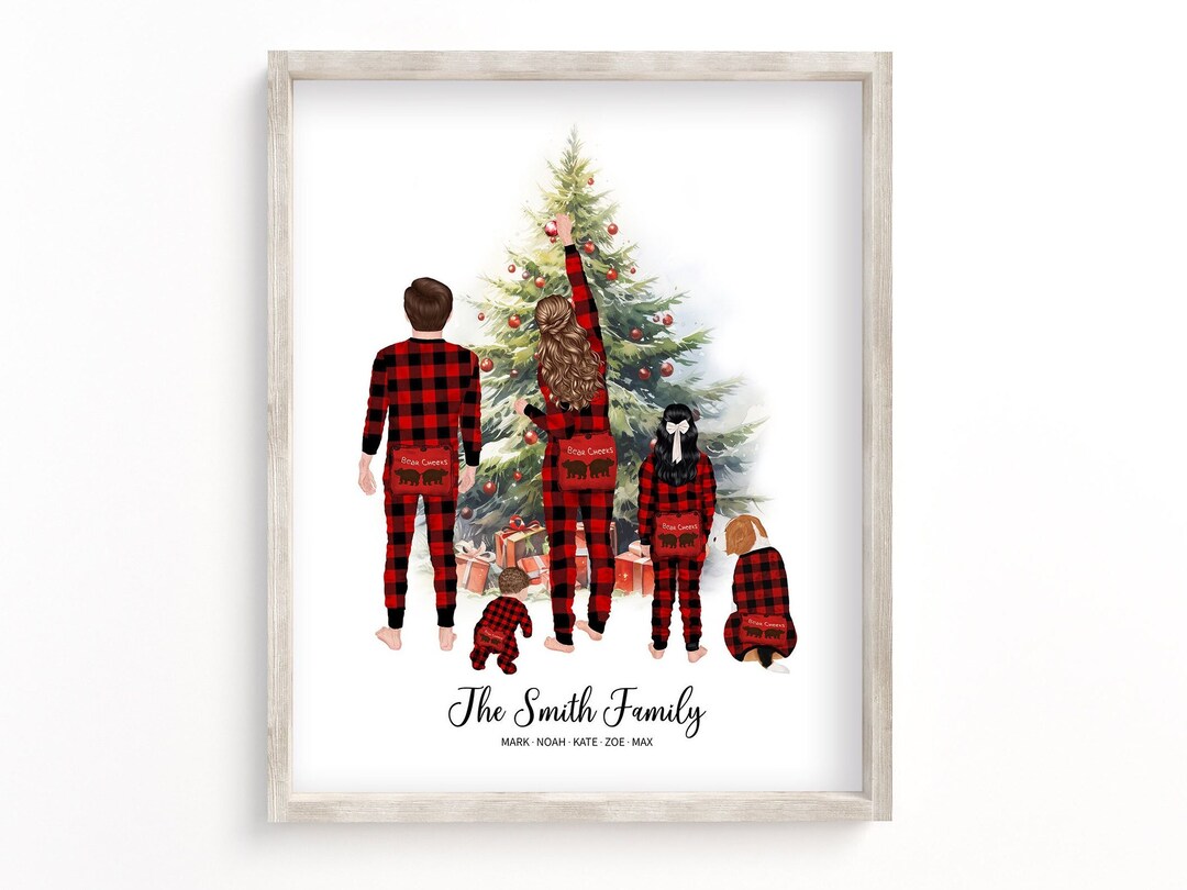 Custom Family Portrait With Pets In Christmas Pyjamas Personalized.