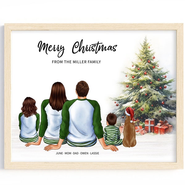 Custom Family Portrait with Pets in Christmas Pyjamas - Personalized Wall Art, Christmas Gift for Mom Dad