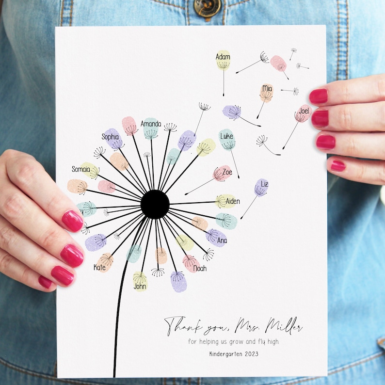 May include: A white print featuring a dandelion design with colorful fingerprint petals and names. The text reads "Thank you, Mrs. Miller" and "Kindergarten 2023". A personalized teacher gift.