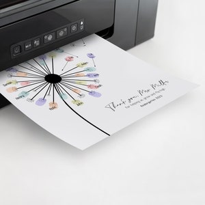 May include: A white print emerging from a black printer features a dandelion design with colorful fingerprints and names. The text reads "Thank you, Miss Miller for helping us grow and fly high Kindergarten 2023."