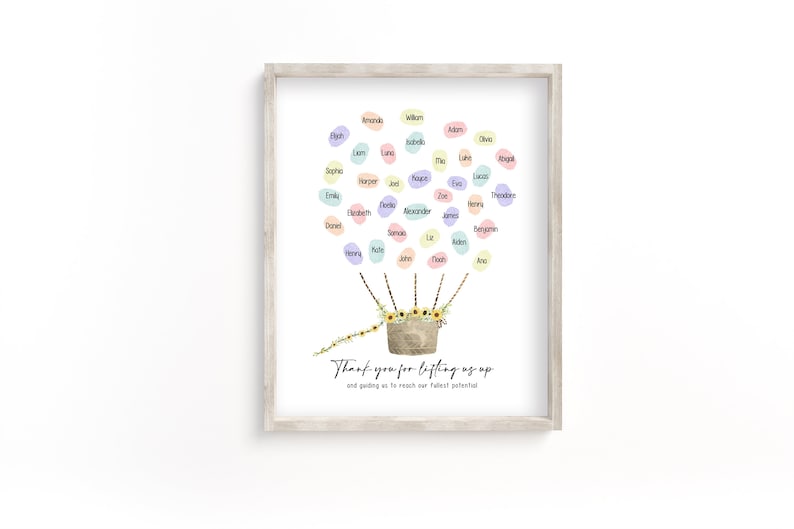 Op de afbeelding: Een bedankkaartje om te printen voor een leraar met een ontwerp van een luchtballon. De ballon is gevuld met pastelkleurige cirkels met namen erop geschreven. De ballon is bevestigd aan een mand met bloemen en de tekst "Bedankt dat je ons hebt opgetild en ons hebt geholpen om ons volledige potentieel te bereiken."