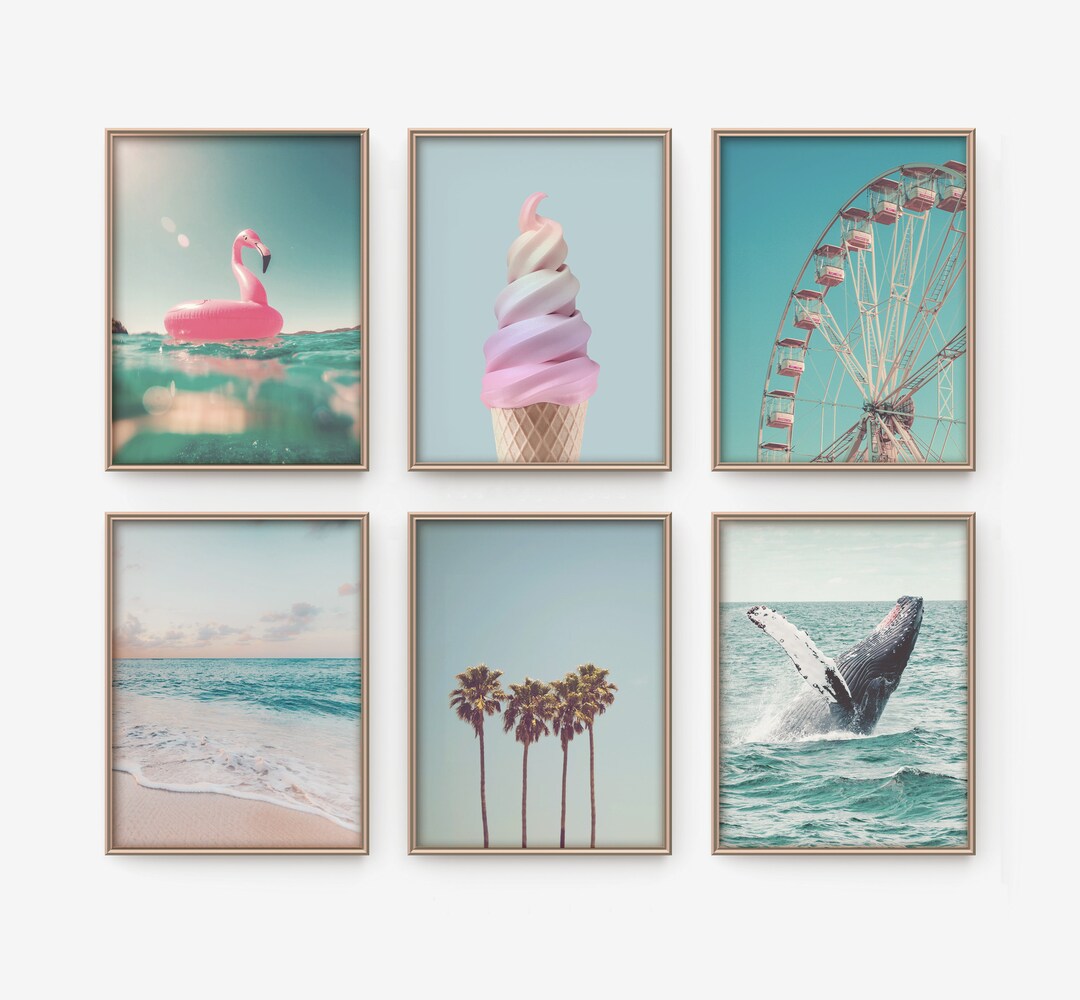 Beach Wall Art, Set of 6 Beach Themed Nursery Prints, Pastel California