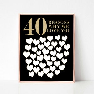May include: A framed print with a black background and gold text that reads "40 REASONS WHY WE LOVE YOU." The number 40 is in gold glitter, and there are 40 white heart shapes. The frame is a rose gold color.